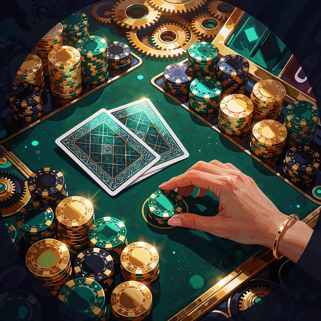 Dwie karty rewersem do g&oacute;ry obok stos&oacute;w żeton&oacute;w na zielonym suknie - blackjack i baccarat live