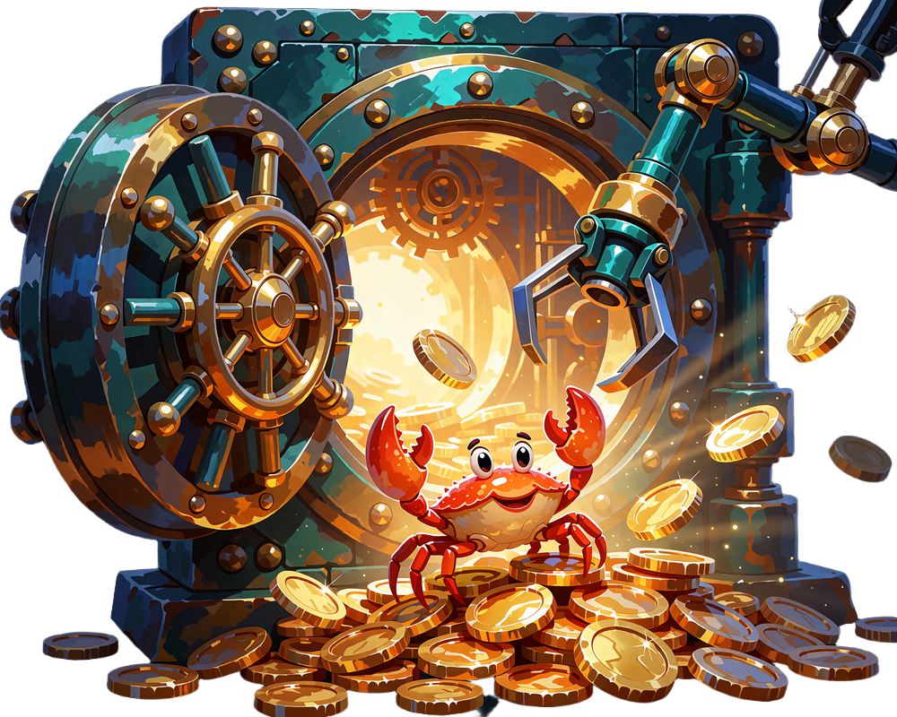 Otwarte drzwi skarbca, z kt&oacute;rych sypią się złote monety, a w środku siedzi uśmiechnięty Bonus Crab