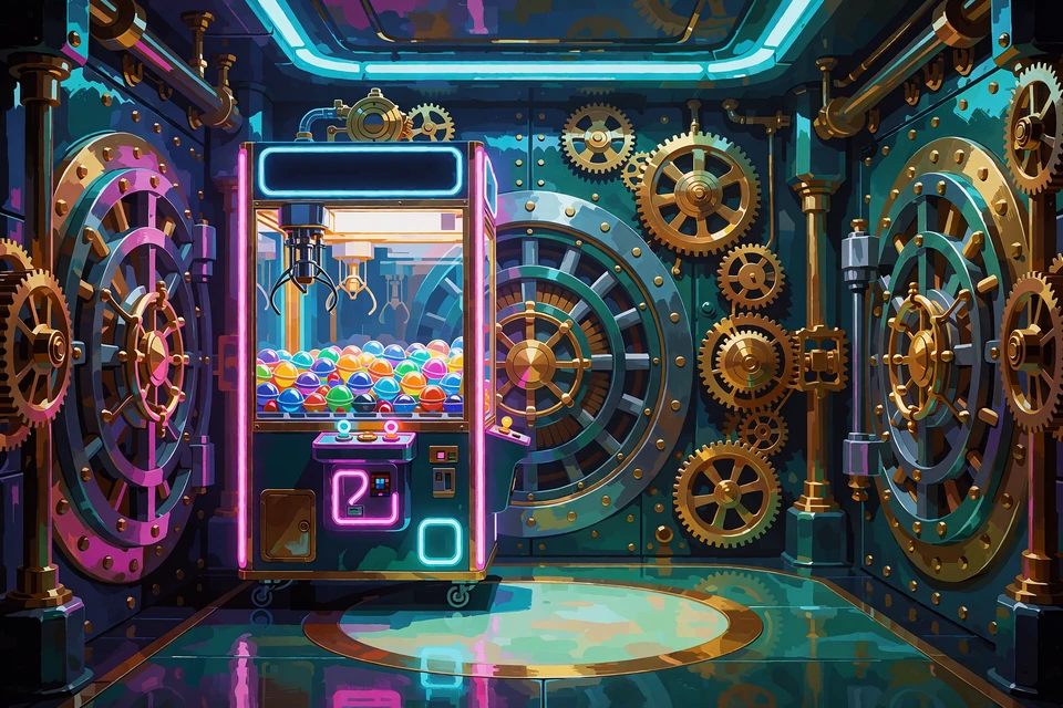 Neonowy automat z chwytakiem pełen kolorowych kapsuł w futurystycznym skarbcu - wizualizacja Bonus Crab w OnlySpins
