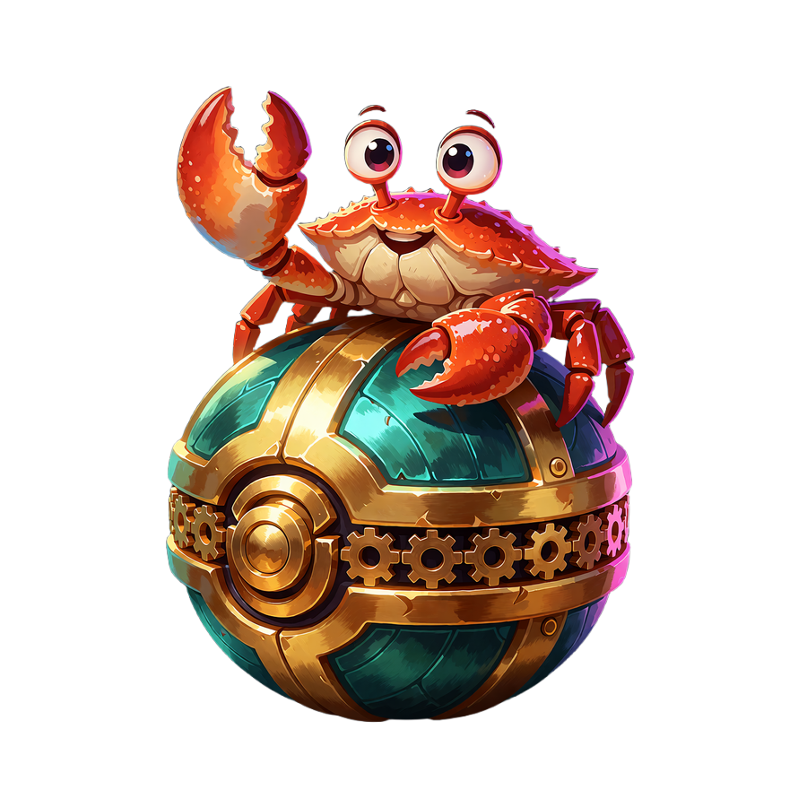 Czerwono-pomarańczowy Bonus Crab z uniesioną łapą na złoto-turkusowej kapsule ze skarbem - niespodzianka OnlySpins